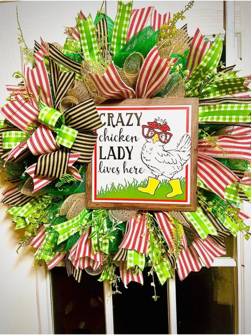 Handmade Crazy Chicken Lady Wreath - Green, Red & Yellow